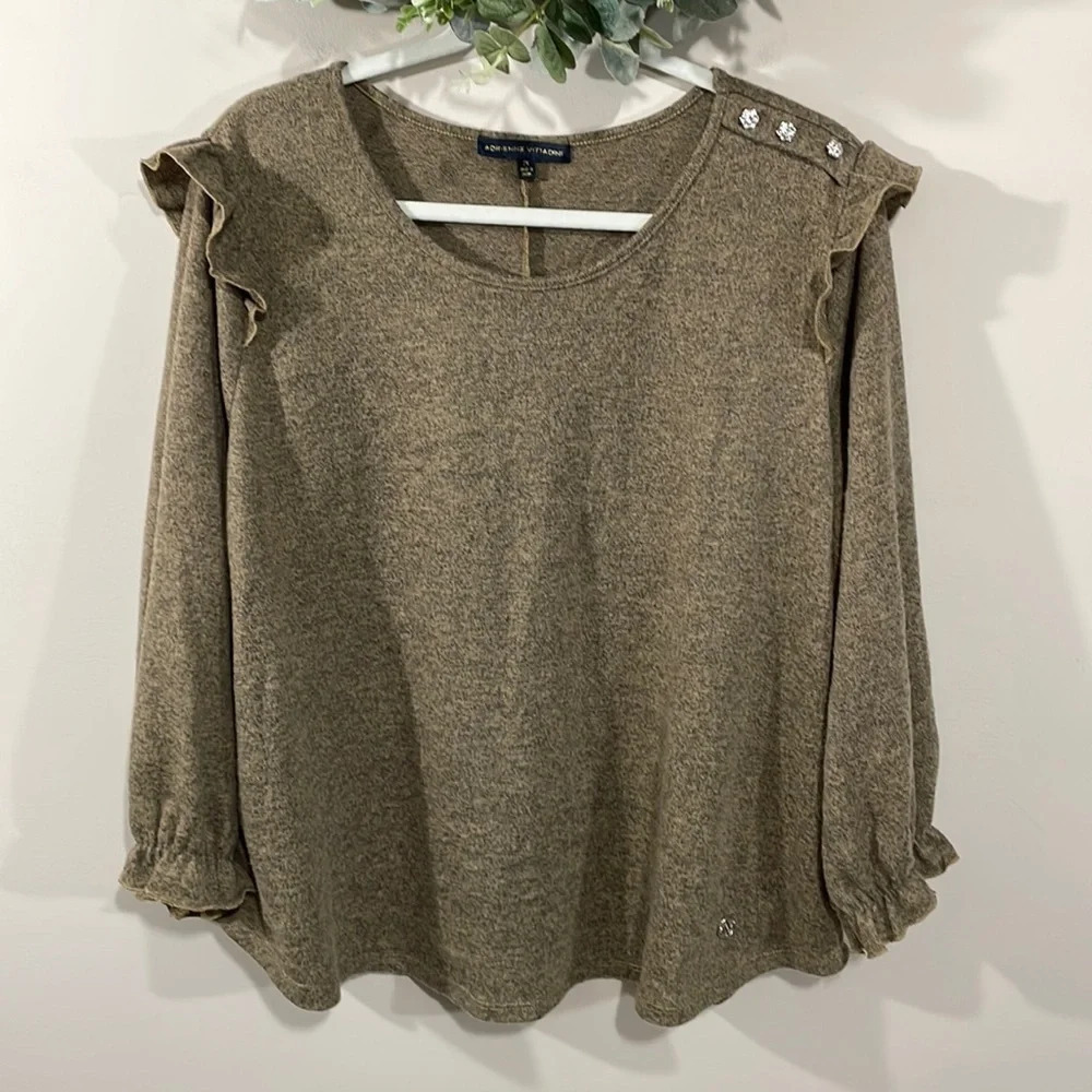 Adrienne Vittadini Ruffle & Rhinestone Shoulder Sweater Tan & Black Marled 2X
